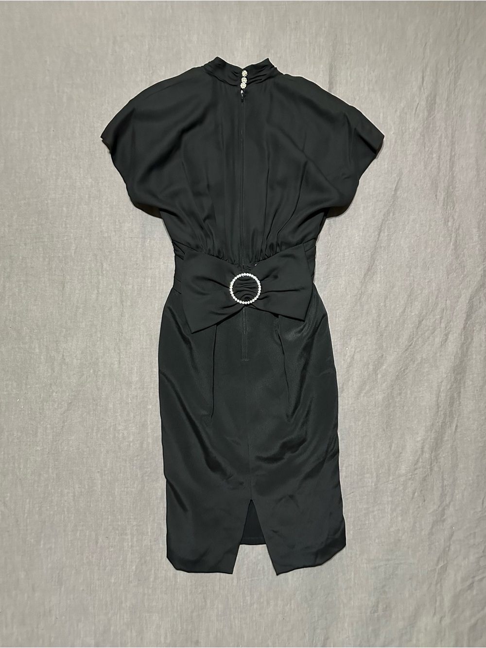 Black Ruched Front Mini Dress with Rhinestone Buttons - Picture 4 of 6